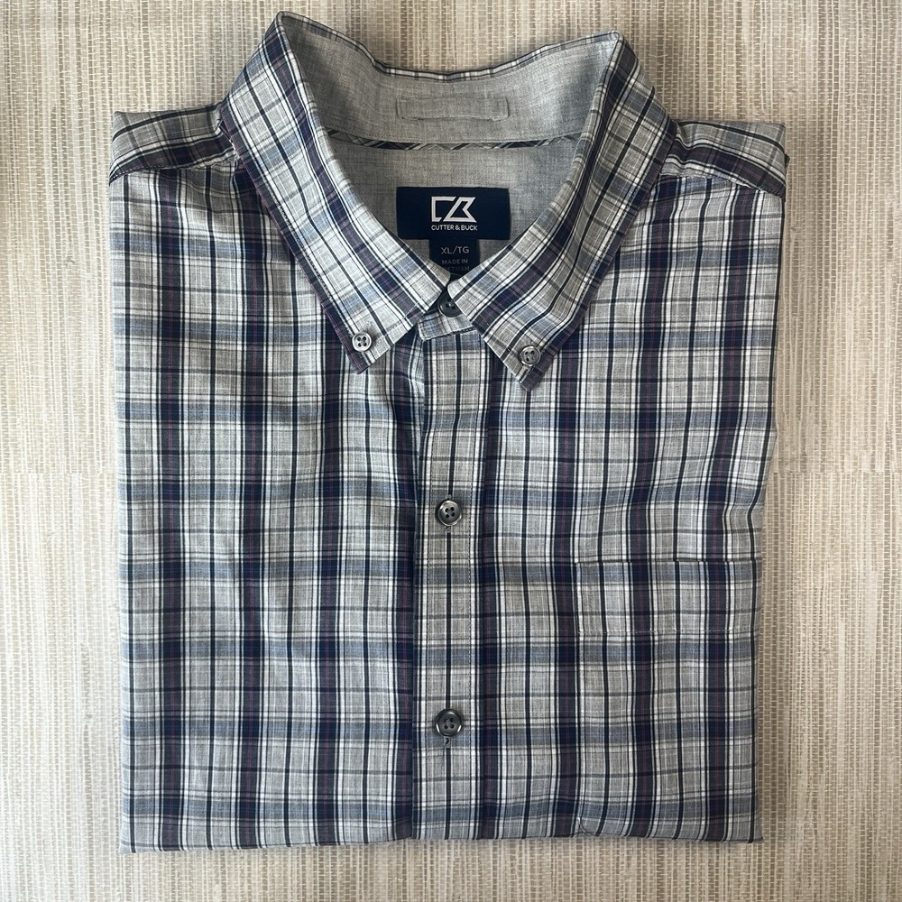 Cutter & Buck Button Down Shirt Mens XL Grey & Black Plaid Long Sleeve Pocket
